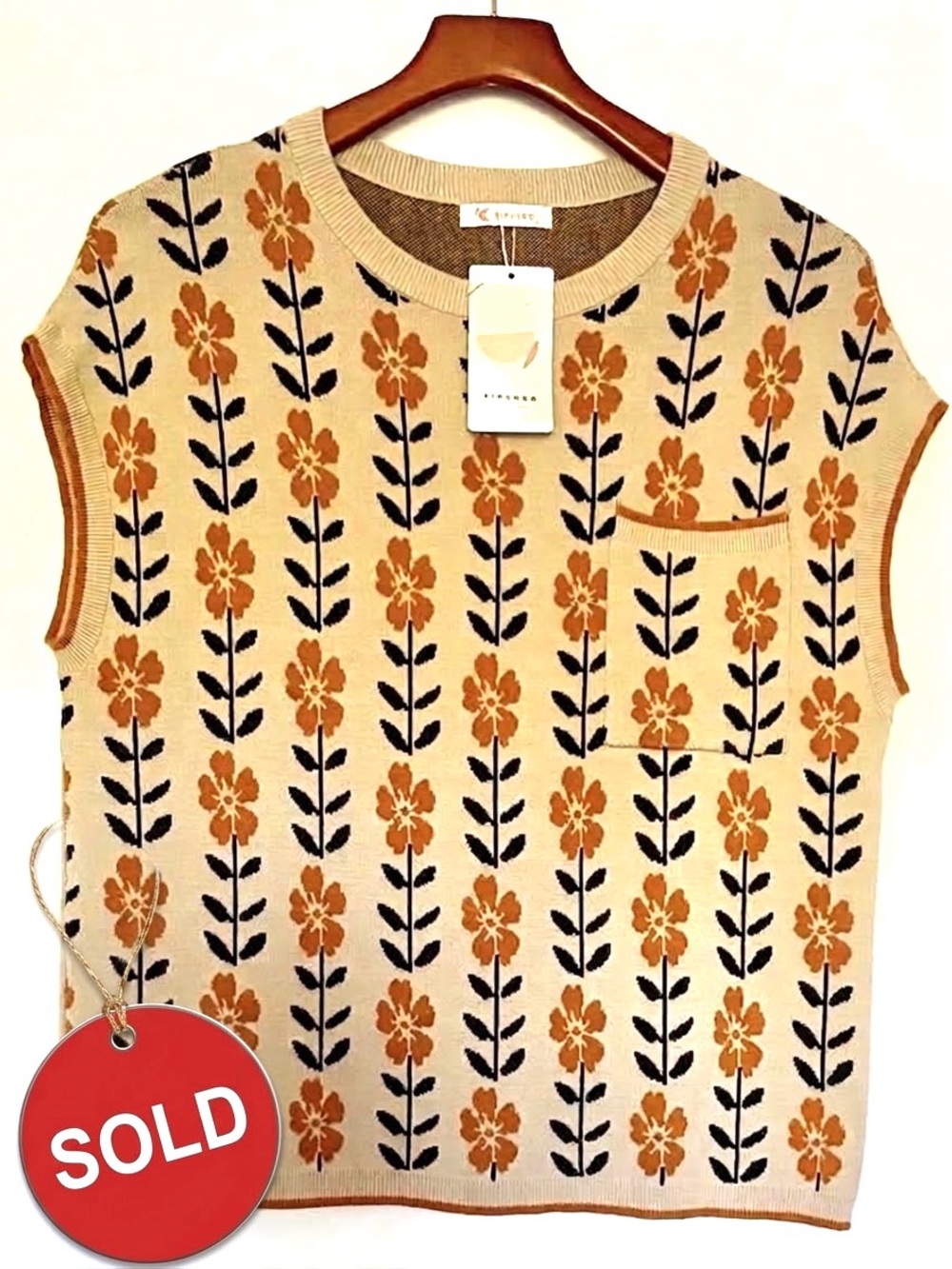 Kirundo Beige Floral Knit Sweater Vest Top🌻. Boho Chic, Cottagecore, Retro